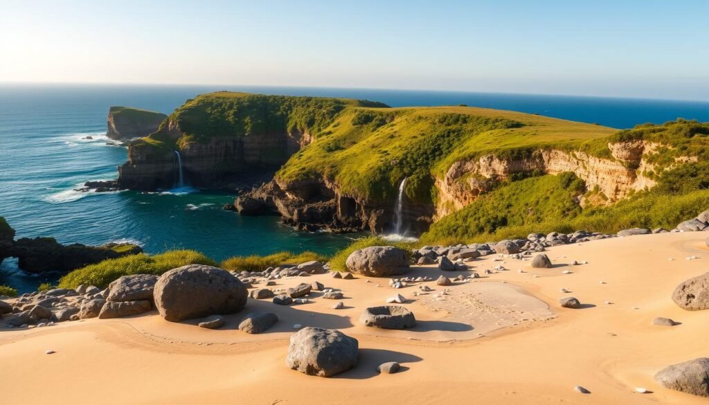 A breathtaking view of the Cerulean Coast, showcasing a serene landscape. In the foreground, smooth sandy shores kissed by gentle waves, scattered seashells, and small rocks glistening under soft sunlight. The middle ground features lush, vibrant cliffs adorned with emerald-green vegetation, cascading waterfalls that flow into the azure sea, creating a tranquil atmosphere. In the background, the vast expanse of the cerulean ocean meeting a clear, cloudless sky on the horizon. Soft, warm lighting bathes the scene, reflecting off the water and enhancing the tranquil mood. The angle captures the coastline's sweeping curves, inviting viewers to explore the hidden treasures along this rare and enchanting shoreline. A breathtaking view of the Cerulean Coast, showcasing a serene landscape. In the foreground, smooth sandy shores kissed by gentle waves, scattered seashells, and small rocks glistening under soft sunlight. The middle ground features lush, vibrant cliffs adorned with emerald-green vegetation, cascading waterfalls that flow into the azure sea, creating a tranquil atmosphere. In the background, the vast expanse of the cerulean ocean meeting a clear, cloudless sky on the horizon. Soft, warm lighting bathes the scene, reflecting off the water and enhancing the tranquil mood. The angle captures the coastline's sweeping curves, inviting viewers to explore the hidden treasures along this rare and enchanting shoreline.