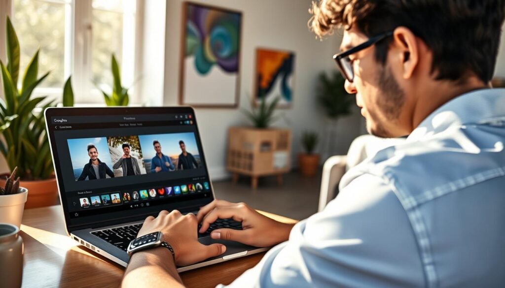 A bright and modern workspace featuring a person using the Google Photos app on a sleek laptop. The foreground captures their focused expression while they navigate the AI photo editing features, highlighting tools like color adjustment and cropping. In the middle, a vibrant screen displays before-and-after images showcasing enhanced photographs using these features, with coruscating colors and refined details. The background includes soft-focus elements of a contemporary office setting, such as houseplants and abstract art, emphasizing a creative atmosphere. Natural sunlight streams through a window, casting a warm glow and creating a motivational mood. The image exudes professionalism and clarity, as the individual is dressed in casual business attire, embodying a sense of innovation and ease in photo editing.