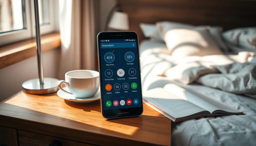 A captivating visual of an Android smartphone displaying multiple alarm applications on its screen, emphasizing the snooze feature with a sleek, modern interface. In the foreground, the smartphone is prominently placed on a stylish wooden bedside table, surrounded by a cozy bedroom ambiance. Gently diffused morning light filters through a nearby window, casting warm, inviting shadows. In the middle ground, a cup of coffee and an open notebook hint at a productive morning routine. The background features soft, blurred elements like a comfortable bed and decorative pillows for a tranquil atmosphere. The scene conveys a sense of calm and readiness for the day, highlighting the convenience of snoozing alarms effortlessly.