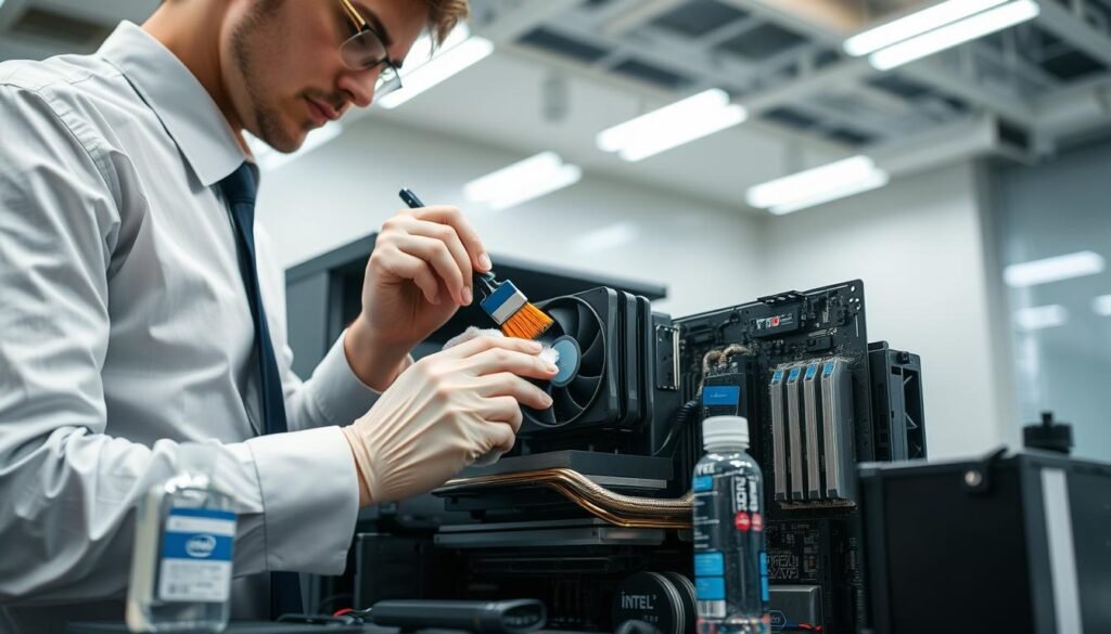 A clean and professional workspace focused on the cooling system of a modern Intel processor. In the foreground, a technician, dressed in a professional business attire, is carefully cleaning a CPU cooler with a soft brush and cloth. The middle ground features an open computer case with visible components like the motherboard and CPU. Tools like thermal paste, isopropyl alcohol, and additional cleaning tools are neatly arranged nearby. In the background, a well-lit room with bright LED lights creates a high-tech atmosphere, emphasizing clarity and precision. The scene is captured from a slightly elevated angle to provide a comprehensive view of the cooling system maintenance process, conveying a mood of diligence and technical expertise.
