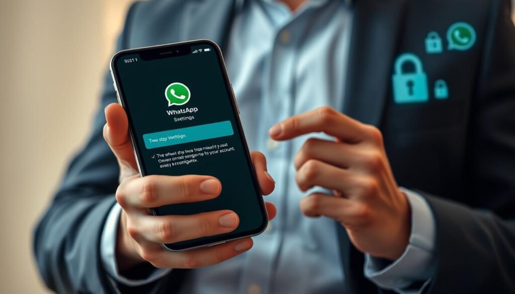 A close-up of a modern smartphone displaying a WhatsApp security settings screen, emphasizing the option for two-step verification. The smartphone is held in the hands of a professional individual dressed in smart casual attire, exuding a sense of security and focus. In the background, a clean, tech-oriented workspace with soft lighting that creates an inviting atmosphere, showcasing a subtle digital feel with hints of cybersecurity imagery, like padlocks and digital codes softly blurred. The image should be shot from a slightly elevated angle to capture both the hands and the phone clearly, highlighting the importance of securing one's WhatsApp account. The overall mood should be serious yet empowering, conveying safety and the importance of account protection.