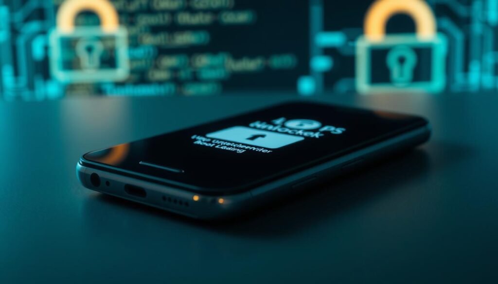 A close-up perspective of a modern smartphone on a sleek surface, showcasing the device's unlocked bootloader interface on the screen. The smartphone is surrounded by a faint halo of light, symbolizing security vulnerabilities. In the background, a blurred depiction of code snippets and digital locks signifies cybersecurity challenges. The lighting is soft yet dramatic, casting subtle shadows that enhance the device's sleek design. The atmosphere conveys tension and intrigue, reflecting the potential risks of an unlocked bootloader. The composition emphasizes the smartphone as the focal point while maintaining a professional and minimalistic aesthetic, free of any text or branding elements.