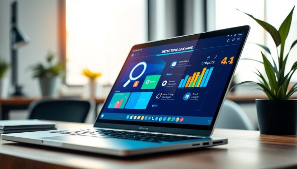 A close-up shot of a modern laptop screen displaying a user-friendly software interface designed for detecting bloatware on Windows 11. The foreground features the laptop with a sleek design, showing colorful graphs and icons representing various applications. In the middle, there are digital elements like a magnifying glass and checkmarks, symbolizing the identification process. The background is a soft-focus office environment with a tidy desk, plants, and a subtle glow from natural light coming through a nearby window, creating an inviting atmosphere. The overall mood is professional and tech-savvy, reflecting a sense of efficiency and clarity in managing software. The angle is slightly tilted to emphasize the screen details, ensuring a clean and polished look.