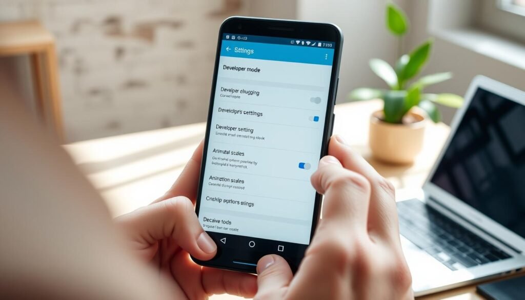 A close-up view of a smartphone displaying the Android Developer Options menu, specifically highlighting the "Developer Mode" toggle. In the foreground, a pair of hands, dressed in modest casual clothing, are carefully navigating the settings, indicating a focus on security and safe usage. The middle ground showcases a slightly blurred screen with various developer settings visible, such as USB debugging and animation scales, emphasizing the complexity of the tools. The background features a soft-focus office environment with a desk, laptop, and a potted plant, creating an atmosphere of professionalism and concentration. Natural light filters in through a nearby window, casting gentle shadows, contributing to a calm and focused mood in the scene.