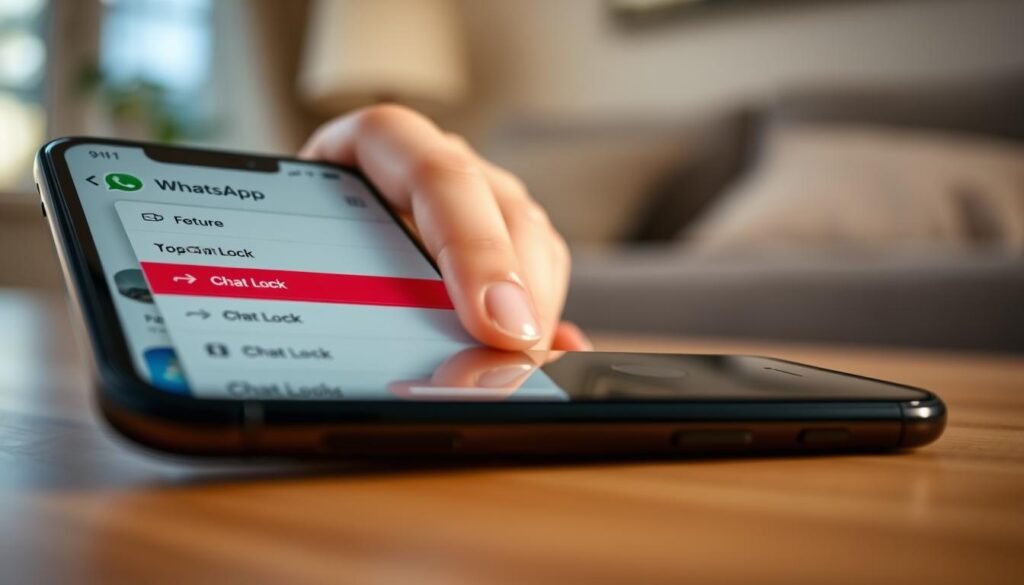 A close-up view of a smartphone screen showcasing the WhatsApp chat settings interface. The foreground features the sleek, modern design of a phone with an emphasis on the settings menu, clearly displaying the 'Chat Lock' feature highlighted in a vibrant color. In the middle ground, a blurred hand is gently tapping on the screen, indicating interaction. The background should be softly blurred, evoking a cozy home environment with natural, warm lighting providing a comfortable and inviting atmosphere. Capture the mood of privacy and security with subtle shadows, and use a shallow depth of field to focus on the phone while maintaining a professional and clean aesthetic.