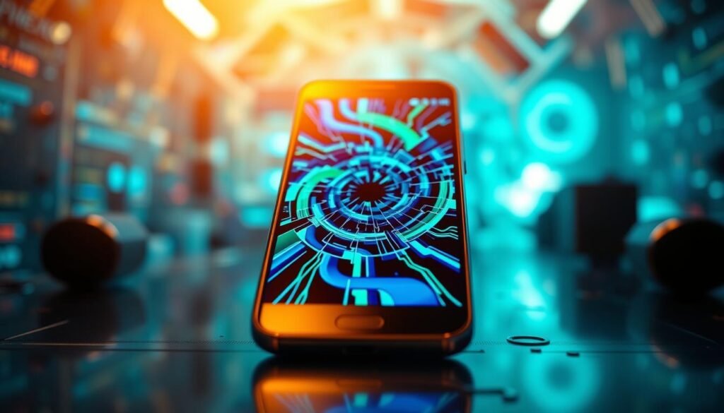 A close-up view of an Android smartphone displaying a bootloop screen with a vibrant, glitching animation. The phone is centered in the foreground, showcasing its cracked screen, with a swirling blue and green color palette illustrating the loop effect. The background features a blur of abstract tech-themed elements, suggesting a futuristic environment filled with blurred circuitry and digital patterns. Golden lighting highlights the phone's screen to draw the viewer's attention, while soft shadows add depth. The mood conveys a sense of urgency and frustration associated with technical difficulties. The angle emphasizes the phone's interface, making it the focal point of the image, while maintaining a clean and professional aesthetic.