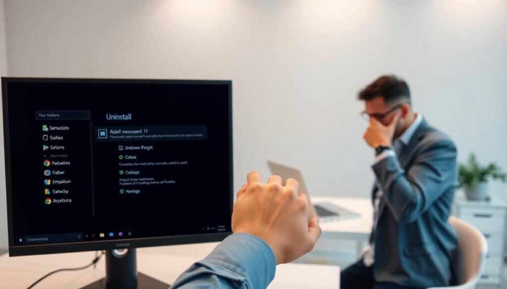 A computer screen displaying the Windows 11 interface, focused on the "Uninstall" dialogue box highlighting unnecessary applications. In the foreground, an individual dressed in smart casual attire is thoughtfully examining the screen, with their hand poised over the mouse. The middle ground shows a sleek, modern workspace with a desk, laptop, and clutter-free environment, symbolizing efficiency. The background features soft, diffused lighting that creates a calm atmosphere, suggesting a focus on productivity and decision-making. The overall mood is contemplative, emphasizing the careful consideration needed when deciding to remove bloatware. Use a shallow depth of field to blur the background slightly, directing attention to the screen and the individual’s thoughtful expression.