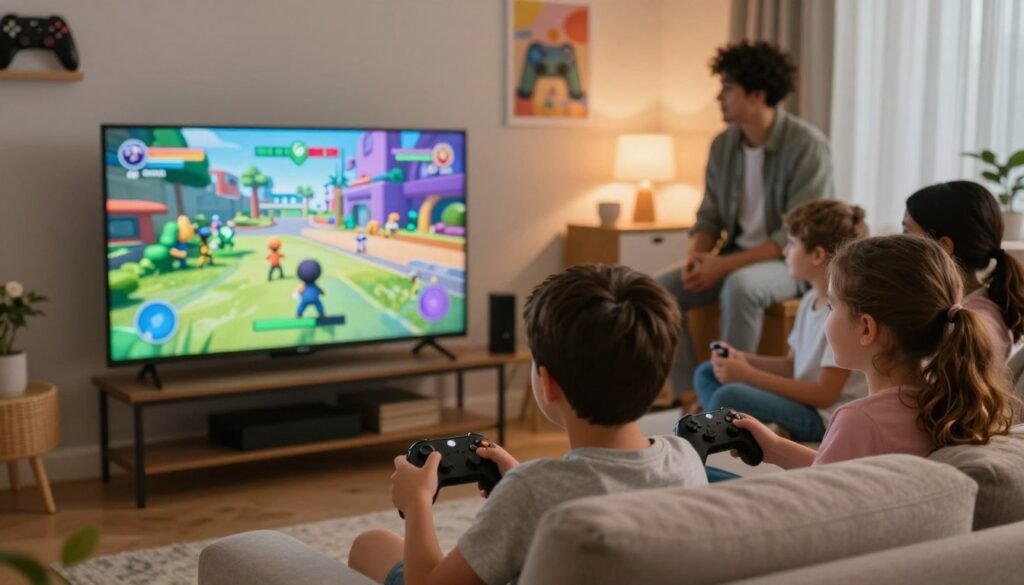 A cozy living room setting featuring a diverse group of children, aged 8-12, engaged in multiplayer gaming on an Xbox console. In the foreground, two children, a boy and a girl, are seated on a comfortable couch, focused on the screen, with one of them holding a controller. The middle of the image shows a large TV displaying a colorful multiplayer game, with vibrant visuals and characters that suggest cooperation and teamwork. In the background, a parent, dressed in casual clothing, observes from a distance, ensuring a safe and fun environment for the children. Soft, warm lighting fills the room, creating an inviting atmosphere, while playful decorations and gaming posters adorn the walls. The scene conveys a sense of fun and parental supervision in a safe gaming world. A cozy living room setting featuring a diverse group of children, aged 8-12, engaged in multiplayer gaming on an Xbox console. In the foreground, two children, a boy and a girl, are seated on a comfortable couch, focused on the screen, with one of them holding a controller. The middle of the image shows a large TV displaying a colorful multiplayer game, with vibrant visuals and characters that suggest cooperation and teamwork. In the background, a parent, dressed in casual clothing, observes from a distance, ensuring a safe and fun environment for the children. Soft, warm lighting fills the room, creating an inviting atmosphere, while playful decorations and gaming posters adorn the walls. The scene conveys a sense of fun and parental supervision in a safe gaming world.