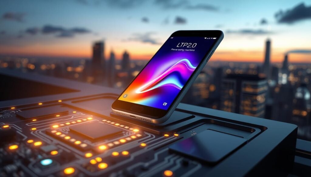 A detailed and modern illustration of the LTPO 2.0 power-saving mechanism, showcasing its key components in an artistic yet technical manner. In the foreground, include intricate circuit patterns and small LED displays, highlighting energy efficiency features with glowing accents. The middle layer should feature a sleek, state-of-the-art smartphone with a vibrant LTPO 2.0 screen displaying vivid colors, demonstrating low power consumption during screen transitions. In the background, depict a futuristic city skyline at dusk, illuminated by soft, ambient lighting that conveys a sense of innovation and technology. Use a slightly angled perspective to create depth, evoking a mood of sophistication and advancement in battery technology.