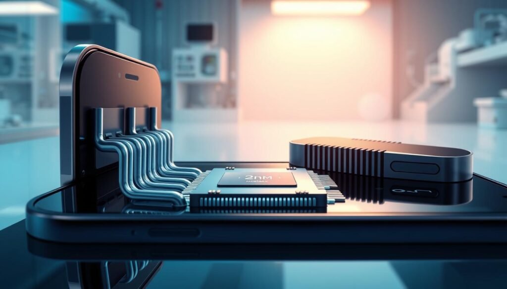 A detailed close-up of an iPhone Pro showcasing advanced thermal management solutions. In the foreground, the device's sleek design is highlighted, focusing on the innovative cooling system, with heat pipes and thermal paste visibly integrated into the architecture. The middle ground features a semi-transparent layer revealing the chipset with its 2nm technology, emphasizing its cooling solutions. In the background, a high-tech laboratory setting with soft, diffused lighting creates a professional atmosphere, accentuating the atmosphere of innovation. Shot from a slightly elevated angle, giving a dynamic perspective on the thermal components, enhanced with subtle blue and white hues to signal technology and efficiency. The overall mood is one of high-tech sophistication and engineering excellence.