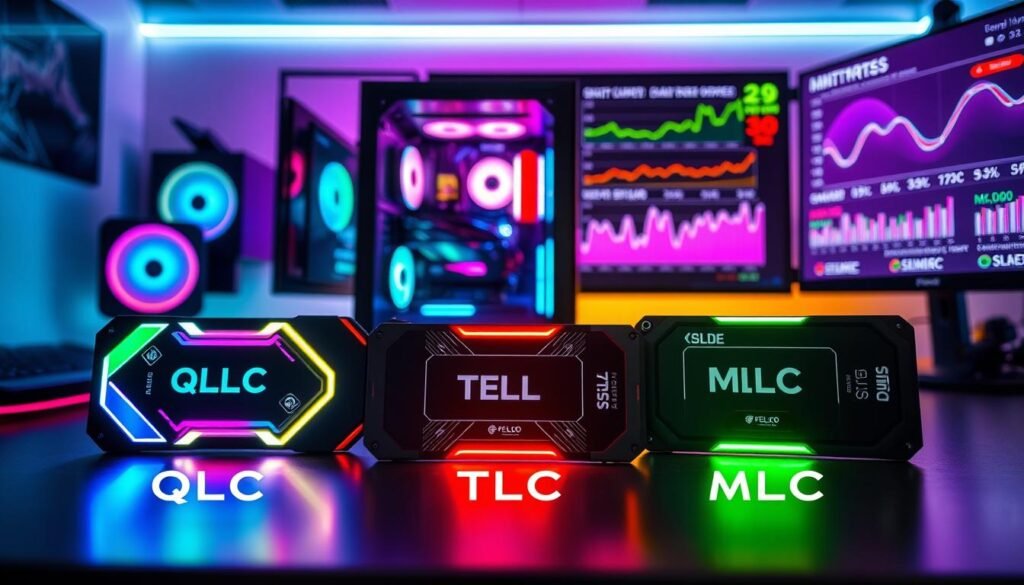 A detailed comparison of SSDs for gaming, featuring three distinct SSD models labeled as QLC, TLC, and MLC, arranged on a sleek gaming desk. In the foreground, the QLC SSD is displayed prominently, showcasing its design with vivid colors and futuristic elements, while the TLC and MLC SSDs are slightly behind, all illuminated by dynamic RGB lighting that enhances the techy atmosphere. The middle ground features a high-end gaming PC with a transparent case, showcasing internal components. The background includes a soft-focus gaming setup with a large monitor displaying benchmark graphs and performance statistics. The overall scene is well-lit with a modern aesthetic, evoking an exciting and innovative mood in a high-tech environment.
