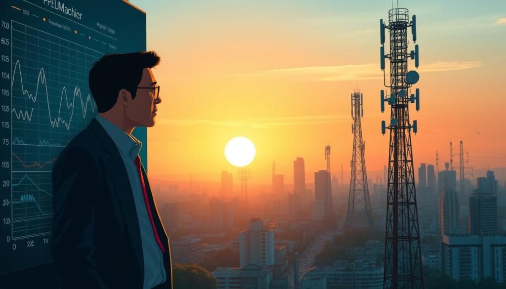 A detailed illustration depicting the challenges of 5G frequency spectrum development in Indonesia. In the foreground, a professional figure in business attire stands next to a complex graphical display of spectrum charts and frequency signals, looking thoughtful and engaged. In the middle ground, a clear representation of urban infrastructure, including telecommunications towers and dense city buildings, depicts the technological landscape. The background features a soft sunset, casting warm hues that contrast with the cool tones of the technology-focused elements, conveying a sense of urgency and opportunity. The composition should have balanced lighting, with a focus on the figure and the spectrum display, evoking a mood of contemplation and innovation amid technical challenges.