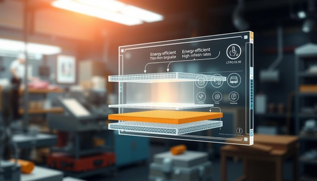 A detailed illustration showcasing the inner workings of an LTPO 2.0 panel. In the foreground, visualize a transparent, cross-sectional view of the panel revealing its intricate layers, including thin-film transistors and oxide layers. In the middle ground, display an exaggerated view of the energy-efficient features, with arrows and icons representing low power consumption and high refresh rates. The background should feature a subtle technological environment, like a digital lab or workshop, blurred to keep focus on the panel. Use soft, ambient lighting to enhance the high-tech atmosphere, with a slight lens flare effect to emphasize innovation. The mood should communicate sophistication and advancement in display technology.