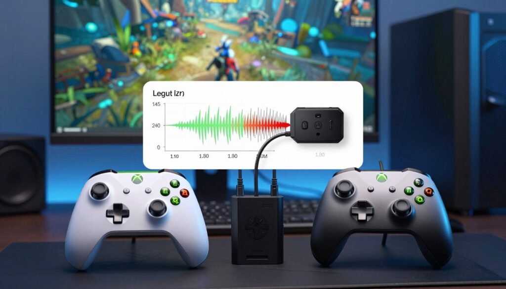 A detailed still-life composition showcasing various factors influencing input lag in gaming. Foreground features an Xbox controller, with a wireless and wired variant side by side, highlighting their connections: a sleek cable and a wireless receiver. Middle ground includes a diagram with animated graphics illustrating latency measurements and signal transmission in milliseconds. Background displays a modern gaming setup with an elegant gaming monitor displaying a vibrant game scene, dim ambient lighting creating a focused atmosphere. Soft blue and green accent lighting enhances the techy vibe, while a shallow depth of field draws attention to the controllers and the diagram. The mood is analytical yet engaging, ideal for a tech-savvy audience.