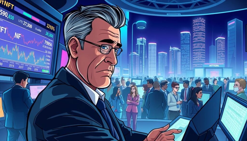 A dramatic illustration of a 'whale investor' in a bustling cryptocurrency marketplace. In the foreground, a confident middle-aged investor, dressed in a sleek business suit, intensely studies multiple screens showing NFT charts and prices. Their thoughtful expression reflects the current 300% spike in the NFT market. In the middle ground, a vibrant crowd of diverse professionals is engaged in discussions, exchanging ideas and digital assets, reflecting a lively trading atmosphere. The background features a futuristic city skyline illuminated with neon lights, symbolizing the digital economy. The image is bathed in a cool blue and purple color palette, with soft, dynamic lighting that highlights the investor's focused demeanor. The atmosphere conveys excitement and volatility, capturing the essence of the current market surge.