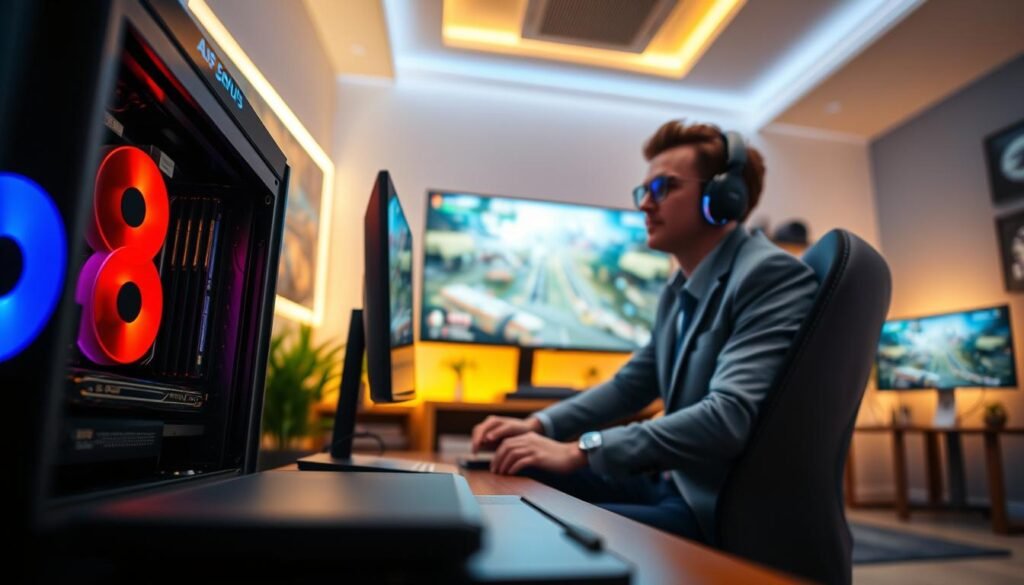 A dynamic scene depicting a gaming setup focused on SSD performance during intensive gaming sessions. In the foreground, a sleek gaming PC with illuminated components, showcasing a high-performance SSD. The middle ground features a gamer in a professional casual outfit, intently focused on a large monitor displaying a vivid game with rich colors and sharp graphics. Behind, a modern, well-organized gaming room with ambient LED lighting casts a warm glow, enhancing the overall excitement of gaming. The atmosphere is energetic yet focused, conveying the importance of speed and responsiveness over endurance in gaming. The image is captured with a soft-focus lens effect, highlighting the gamer while blurring the background slightly for depth.