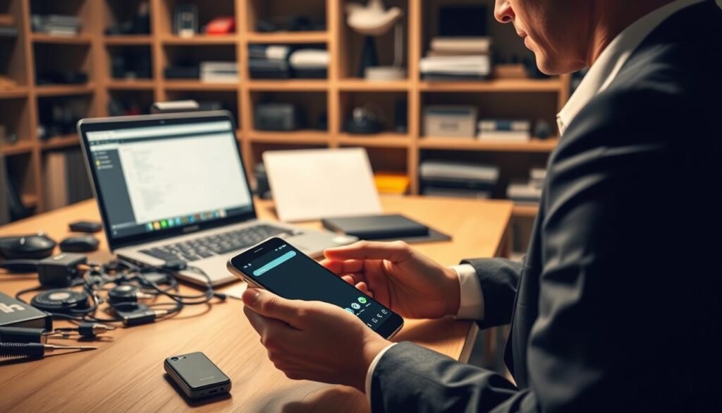 A focused scene depicting a person, dressed in professional business attire, seated at a desk with an Android smartphone in their hands, observing a software repair process for bootloop issues. In the foreground, the phone’s screen displays a progress bar and flashing icons, illustrating the flashing firmware procedure. The middle ground features opened tools, cables, and a laptop displaying diagnostic software, emphasizing a technical repair environment. The background shows a softly lit workspace with shelves filled with tech gadgets and manuals, contributing to a knowledgeable atmosphere. Warm lighting casts gentle shadows, creating a calm and focused mood, capturing the essence of preparing to fix a technical issue effectively.