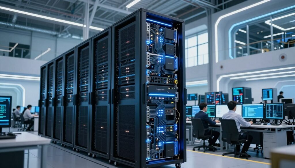 A futuristic and sleek high-performance computing architecture, showcasing the advanced features of the Leonardo supercomputer. In the foreground, intricate server racks with glowing LED indicators and complex circuit boards, highlighting cutting-edge technology. The middle ground features a bustling data center filled with engineers in professional business attire, focused on monitors displaying algorithms and data analytics. The background is a spacious, modern facility with futuristic design elements, large windows letting in natural light, and structural beams. The atmosphere is vibrant and innovative, with a mix of blue and white lighting creating a high-tech ambiance. The image is captured from a low angle to emphasize the towering server structure, inspiring a sense of awe and forward-thinking in computational technology.