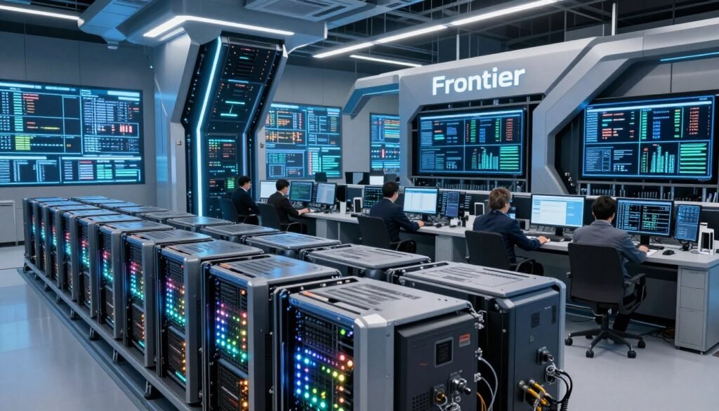 A futuristic supercomputer named "Frontier" in a high-tech data center, showcasing its striking architecture with sleek, angular lines and illuminated panels. The foreground features rows of powerful computing nodes, glowing with dynamic LED lights, emphasizing its advanced capabilities. In the middle, engineers in professional business attire work diligently, monitoring screens filled with complex data visualizations. The background reveals expansive, illuminated walls covered in digital displays, depicting real-time processing metrics. The lighting is bright and futuristic, casting a cool blue and silver tone across the scene. The atmosphere is one of innovation and cutting-edge technology, symbolizing the dawn of the exascale era, highlighting the significance of Frontier as a leader in the realm of supercomputing.