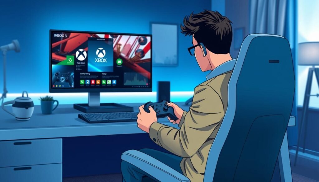 A highly detailed illustration of a modern gaming setup tailored for Xbox Cloud Gaming. In the foreground, showcase a sleek gaming chair and a polished desk with a high-end gaming monitor displaying an Xbox interface, graphics crisp and vibrant, symbolizing low latency gaming. The middle ground features a professional-looking individual in a smart casual outfit, intently focusing on the game, with their hands poised on a next-gen gaming controller. The background displays a cozy, well-lit room, with atmospheric blue lighting creating a tech-savvy ambiance. Use a soft focus lens effect to enhance the emotional connection, evoking a sense of excitement and anticipation for an optimized gaming experience.