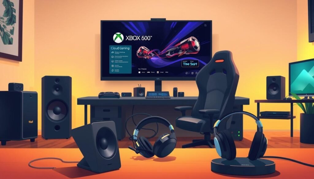 A modern cloud gaming setup featuring a sleek gaming monitor displaying Xbox Cloud Gaming interface, a high-performance gaming PC with visible internal components like a graphics card and cooling system, and a comfortable gaming chair. In the foreground, a pair of professional speakers and a gaming headset are artistically placed to indicate high-quality sound. The middle ground should have a well-organized desk with gaming accessories like a keyboard and mouse, while the background shows soft ambient lighting that enhances the high-tech atmosphere of the room. Use a slightly angled view to capture depth, with warm tones to create a cozy yet high-tech vibe, reflecting a seamless and enjoyable gaming experience.