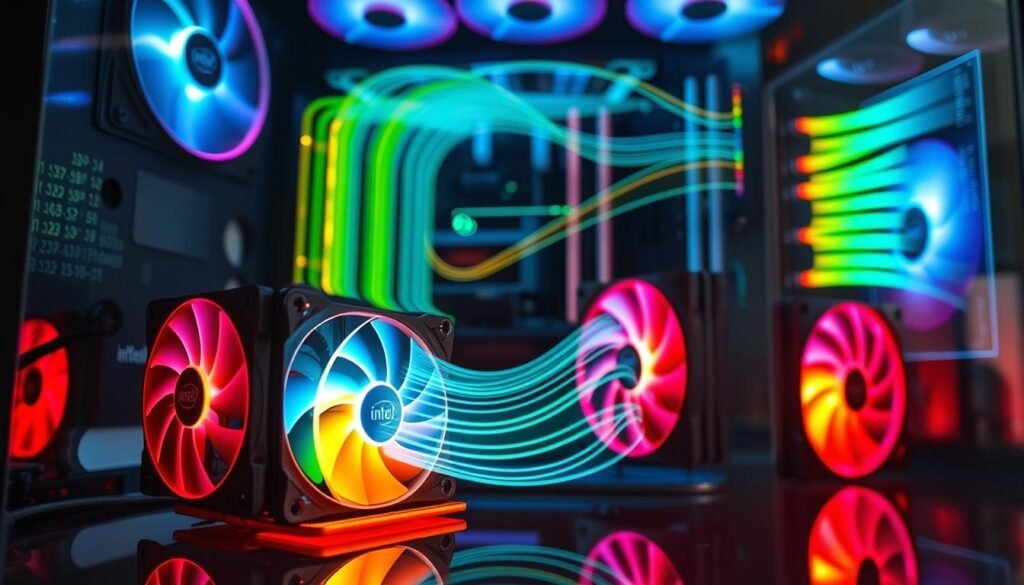 A modern computer cooling system is depicted with intricate airflow pathways, showcasing optimized air circulation around a high-performance Intel processor. In the foreground, focus on a stylish CPU cooler with vibrant LED lighting, emphasizing efficient vents and fans from various angles. The middle layer features a sleek, transparent case that reveals the inner components, highlighting the strategic placement of cooling elements. The background illustrates a dynamic airflow simulation graphic, indicating airflow patterns and temperature zones. The lighting is bright and technical, casting subtle reflections on the glass surface. The overall atmosphere is one of advanced technology and innovation, capturing the essence of optimal ventilation for enhanced cooling. The scene is void of any text or human figures, emphasizing the engineering and design aspects of the cooling system.