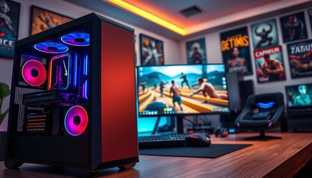 A modern gaming PC setup optimized for high-performance gaming without a dedicated GPU, featuring a sleek, minimalist design. In the foreground, display a high-tech computer tower with intricate cooling systems and RGB lighting effects. In the middle ground, include a stylish monitor showcasing a vibrant gaming interface with rich colors and smooth graphics, reflecting ultra settings. The background should be a soft-focus gaming room with ambient lighting, gaming peripherals like a keyboard and mouse, and posters of popular games. The atmosphere is dynamic yet clean, conveying innovation and excitement. Illuminate the scene with soft, warm lighting to enhance the high-tech feel. Capture the image at an eye-level angle for an immersive perspective, emphasizing the advanced setup.
