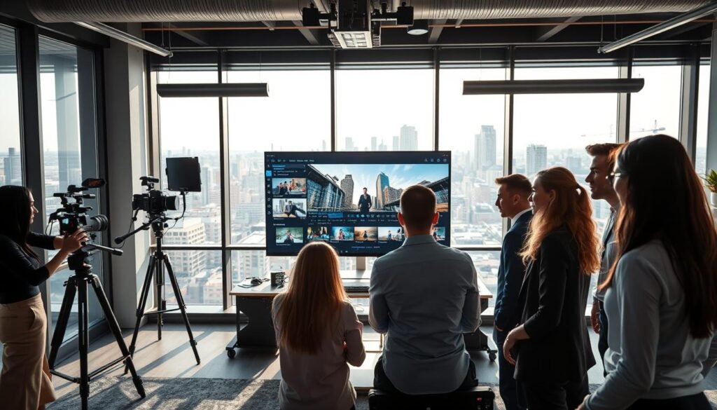 A modern office environment showcasing the benefits of video technology for various industries. In the foreground, a diverse group of professionals in business attire are collaborating around a large screen displaying dynamic video content creation software. The middle layer features sleek, high-tech equipment like cameras and editing stations, emphasizing innovation and creativity. In the background, large windows reveal a vibrant cityscape, symbolizing growth and opportunity. Soft, natural lighting floods the room, creating a collaborative and inspiring atmosphere. The angle is slightly elevated, providing a comprehensive view of the setting, conveying a sense of forward-thinking and industry advancement. Overall, the image exudes a mood of productivity and excitement about the technological possibilities in video production.