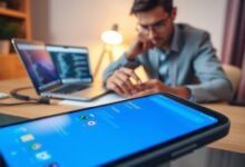 A modern, sleek smartphone displaying the Android Developer Mode interface, with vibrant icons and settings panel glowing in soft blue hues. In the foreground, a close-up view of the phone's screen showcasing key developer features like USB debugging, animation scales, and hardware overlays. In the middle ground, a focused, attentive user dressed in smart casual attire interacts with the device, their fingers gently navigating the settings. The background features a cozy workspace with a warm wooden desk, a laptop open to coding software, and a soft ambient light casting a productive atmosphere. The overall mood is one of empowerment and innovation, highlighting the benefits of mastering Android's Developer Mode for becoming a power user.