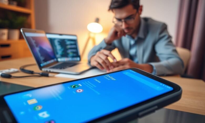 A modern, sleek smartphone displaying the Android Developer Mode interface, with vibrant icons and settings panel glowing in soft blue hues. In the foreground, a close-up view of the phone's screen showcasing key developer features like USB debugging, animation scales, and hardware overlays. In the middle ground, a focused, attentive user dressed in smart casual attire interacts with the device, their fingers gently navigating the settings. The background features a cozy workspace with a warm wooden desk, a laptop open to coding software, and a soft ambient light casting a productive atmosphere. The overall mood is one of empowerment and innovation, highlighting the benefits of mastering Android's Developer Mode for becoming a power user.