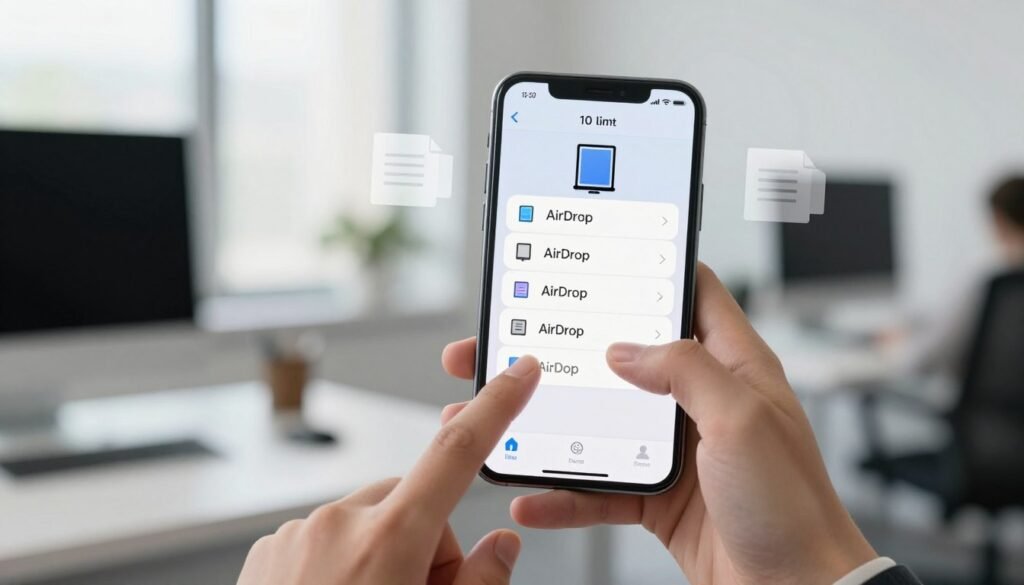 A modern smartphone displaying the AirDrop settings screen in a flattering, close-up view, with an emphasis on the 10-minute limit timer. The foreground features a hand interacting with the screen, adorned in a sleek, professional outfit. The middle layer shows multiple device icons, symbolizing file sharing, subtly integrated into the background. The setting is a well-lit office environment, with soft natural light filtering through a nearby window enhancing clarity and focus on the smartphone. A blurred background includes office elements like a desk and computer, creating a productive atmosphere. The overall mood is informative and tech-savvy, aimed at conveying the constraints of AirDrop in a minimalistic and visually engaging manner, without any text or distractions.