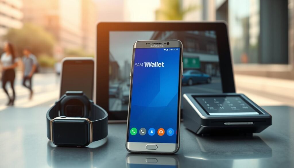 A modern smartphone displaying the Samsung Wallet app on its screen, placed prominently in the foreground. Surrounding the phone are various supportive devices such as a smartwatch, a tablet, and a contactless payment terminal, all in sleek, contemporary designs to evoke a sense of advanced technology. The background features a softly blurred representation of an urban environment, hinting at a bustling city life with hints of greenery for contrast. Soft, natural light filters in, creating a warm and inviting atmosphere, enhancing the user-friendly vibe of digital transactions. The image captures a sense of excitement and innovation, perfect for illustrating support for digital payment applications. The angle should be slightly tilted upward to emphasize the devices' modern features.