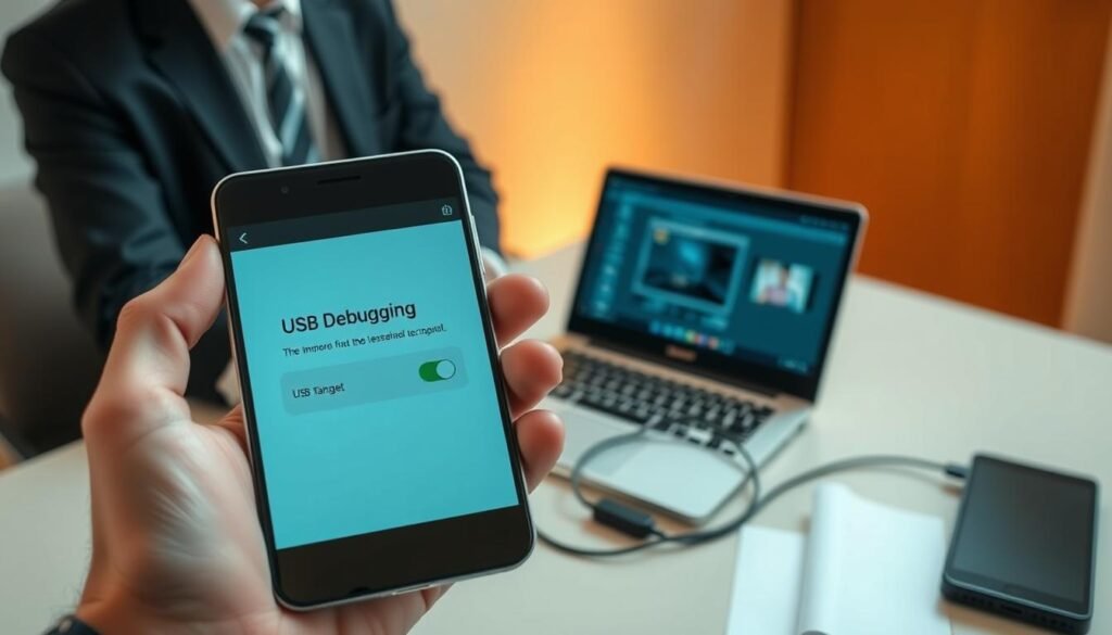 A modern smartphone displaying the "USB Debugging" settings screen in close-up, with vivid details showing the toggled feature on. In the foreground, the phone is held by a professional-looking individual in business attire, focused on the screen. The middle ground features a sleek desk setup with a laptop open, showcasing a screen mirroring interface, complemented by a USB cable connecting both devices. The background is softly blurred to emphasize the subjects, with warm lighting to create an inviting and tech-friendly atmosphere. The image captures a sense of preparation and readiness for connecting devices, ideal for illustrating the concept of screen mirroring from Android to PC. A modern smartphone displaying the "USB Debugging" settings screen in close-up, with vivid details showing the toggled feature on. In the foreground, the phone is held by a professional-looking individual in business attire, focused on the screen. The middle ground features a sleek desk setup with a laptop open, showcasing a screen mirroring interface, complemented by a USB cable connecting both devices. The background is softly blurred to emphasize the subjects, with warm lighting to create an inviting and tech-friendly atmosphere. The image captures a sense of preparation and readiness for connecting devices, ideal for illustrating the concept of screen mirroring from Android to PC.