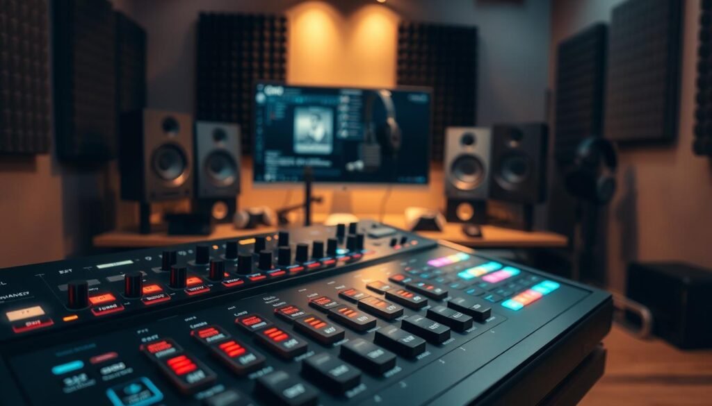 A modern soundboard interface displayed prominently in the foreground, featuring an array of colorful buttons and sliders, each labeled with different sound effects. The soundboard should have a sleek, digital design with illuminated sections to emphasize interactivity. In the middle ground, a high-tech computer setup with a microphone and headphones, showcasing the integration of the soundboard and voice changer. The background reveals a cozy, dimly lit room with soundproofing panels, creating an intimate atmosphere ideal for gaming or streaming. Use soft, warm lighting to highlight the soundboard, casting gentle shadows to accentuate its features. Capture the scene from a slightly angled perspective to convey depth, ensuring a professional and engaging look suitable for discussing advanced digital audio tools.