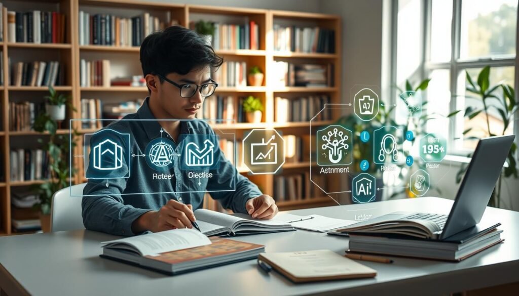 A modern university student sits at a sleek desk surrounded by open notebooks and a laptop, engaging with various AI tools displayed on the screen. In the foreground, the student, dressed in smart casual clothing, is focused and taking notes, reflecting determination. The middle ground features a glowing holographic interface showcasing icons of different AI platforms, symbolizing alternative solutions for academic tasks. In the background, a bright and airy study space with bookshelves filled with academic literature and plants create a productive atmosphere. Soft, natural lighting filters through a window, casting gentle shadows that enhance the tranquil yet innovative mood, emphasizing a balance between study and technological advancement.