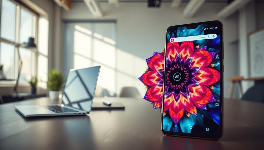 A modern workspace showcasing an Android smartphone displaying a beautifully generated wallpaper created by AI. In the foreground, place the smartphone diagonally, emphasizing the rich, vibrant colors of the wallpaper, which features a kaleidoscopic design of abstract shapes and patterns. The middle ground includes a sleek laptop and a tablet, suggesting a tech-savvy environment. The background reveals a minimalistic office design with soft, natural lighting filtering through a large window, casting gentle shadows. The atmosphere is creative and inspiring, inviting innovation and exploration in digital art. Capture this scene with a wide-angle lens to emphasize depth, ensuring the composition is clean and atmospheric, devoid of any text or branding.