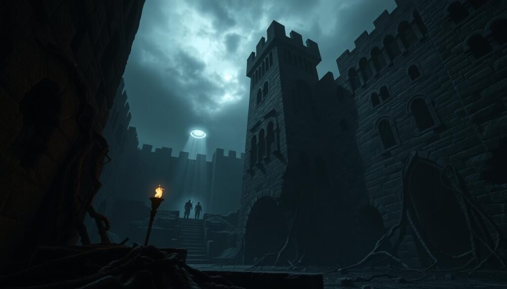 A mysterious, dimly lit environment depicting the "Shadow Keep" from the Elden Ring DLC, set within a haunting, crumbling fortress. In the foreground, intricately designed stone architecture, with dark, twisted roots emerging from the cracks, exaggerated shadows casting an eerie atmosphere. The middle ground features a flickering torch illuminating hidden pathways, while ghostly figures of knights in modest armor wander, creating a sense of suspense. In the background, a vast, gloomy sky filled with ominous clouds, with faint glimmers of ethereal light shining down on the keep, hinting at the presence of rare treasures. The scene is captured with a low-angle perspective, enhancing the towering presence of the fortress while maintaining a cinematic, otherworldly mood with soft, diffused lighting. A mysterious, dimly lit environment depicting the "Shadow Keep" from the Elden Ring DLC, set within a haunting, crumbling fortress. In the foreground, intricately designed stone architecture, with dark, twisted roots emerging from the cracks, exaggerated shadows casting an eerie atmosphere. The middle ground features a flickering torch illuminating hidden pathways, while ghostly figures of knights in modest armor wander, creating a sense of suspense. In the background, a vast, gloomy sky filled with ominous clouds, with faint glimmers of ethereal light shining down on the keep, hinting at the presence of rare treasures. The scene is captured with a low-angle perspective, enhancing the towering presence of the fortress while maintaining a cinematic, otherworldly mood with soft, diffused lighting.