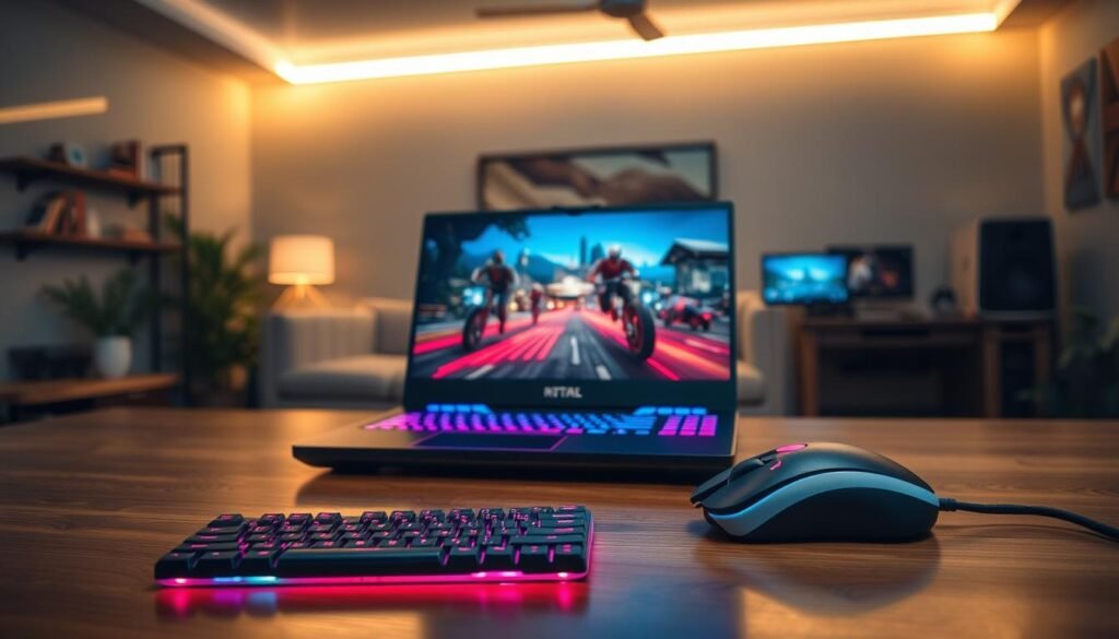 A sleek and modern gaming laptop featuring an RTX 4050 graphics card, displayed on a polished wooden table. The laptop's screen is open, showcasing a vibrant, high-performance gaming scene with detailed graphics at ultra settings. In the foreground, there are RGB gaming peripherals, including a mechanical keyboard and an ergonomic gaming mouse. The middle layer features the laptop itself, with glowing LED lights accentuating its design. In the background, a softly focused, stylish gaming room creates an immersive atmosphere, illuminated by ambient LED strips. Soft, warm lighting highlights the scene, creating a cozy yet high-tech feel. The angle is slightly angled from above, capturing the laptop's sleek profile and the vivid screen. The mood portrays excitement and focus, inviting viewers into the world of gaming excellence. A sleek and modern gaming laptop featuring an RTX 4050 graphics card, displayed on a polished wooden table. The laptop's screen is open, showcasing a vibrant, high-performance gaming scene with detailed graphics at ultra settings. In the foreground, there are RGB gaming peripherals, including a mechanical keyboard and an ergonomic gaming mouse. The middle layer features the laptop itself, with glowing LED lights accentuating its design. In the background, a softly focused, stylish gaming room creates an immersive atmosphere, illuminated by ambient LED strips. Soft, warm lighting highlights the scene, creating a cozy yet high-tech feel. The angle is slightly angled from above, capturing the laptop's sleek profile and the vivid screen. The mood portrays excitement and focus, inviting viewers into the world of gaming excellence.
