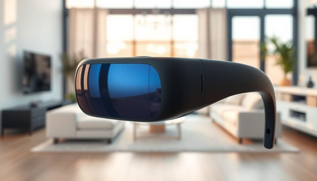 A sleek and modern interpretation of the Apple Vision Pro headset, displayed prominently in the foreground. The headset features a premium matte finish, showcasing its innovative design and advanced technology. In the middle ground, a blurred view of a stylish, contemporary living space enhances the tech-savvy atmosphere. Soft natural light filters in through large windows, creating a warm and inviting vibe, while the reflections on the headset’s lenses hint at its high-tech capabilities. In the background, minimalist furniture and a few smart devices establish a futuristic environment. The overall mood is optimistic and forward-thinking, emphasizing Apple's strategy to capture consumer interest with this more affordable version. The image is framed in a dynamic angle, reminiscent of product advertisements, highlighting the elegance and sophistication of the Apple Vision Pro.