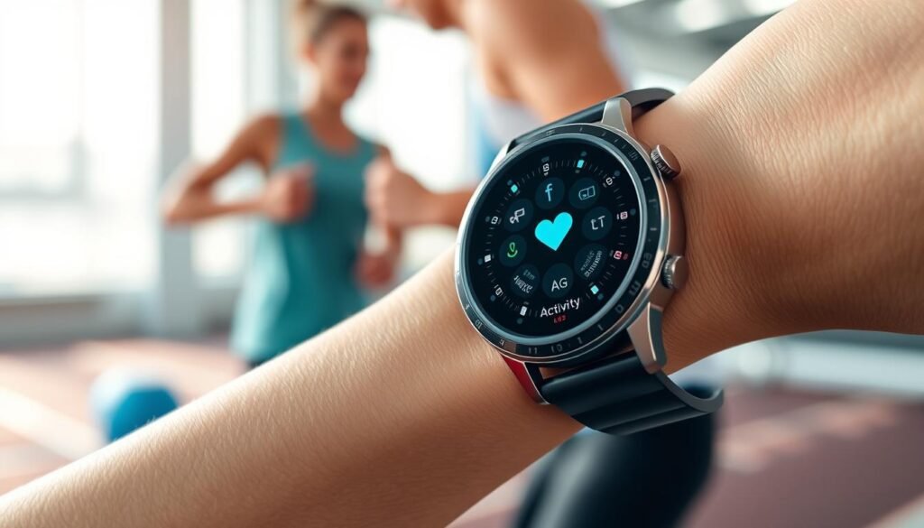 A sleek and modern smartwatch, prominently displayed on a wrist in a close-up shot, showcasing its vibrant touchscreen filled with health tracking features like heart rate, EKG, and activity levels. The smartwatch has a stylish black band with a metallic finish that glints under soft, natural lighting. In the background, a blurred fitness setting, perhaps a gym or a running track, conveys an active lifestyle. The atmosphere is dynamic and inspiring, highlighting the importance of health monitoring. The image is captured from a slightly elevated angle, ensuring the smartwatch is the main focus while suggesting motion and vitality in the background. The overall mood is motivational, reflecting cutting-edge technology in health management.