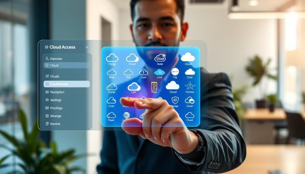 A sleek digital interface showcasing the Solid Explorer app, prominently featuring a cloud access menu with icons for 20+ different cloud providers. In the foreground, a user with a professional appearance, dressed in a smart casual outfit, interacts with a touchscreen, their fingers hovering just above the display. The middle layer displays a vibrant holographic projection of various cloud storage logos, glowing brightly in different colors. The background is a modern office space with soft lighting and plants, providing a calming atmosphere. A subtle glow emanates from the screen, illuminating the user's focused expression. The overall mood conveys a sense of efficiency and innovation in digital file management, highlighting the seamless access to cloud storage solutions.
