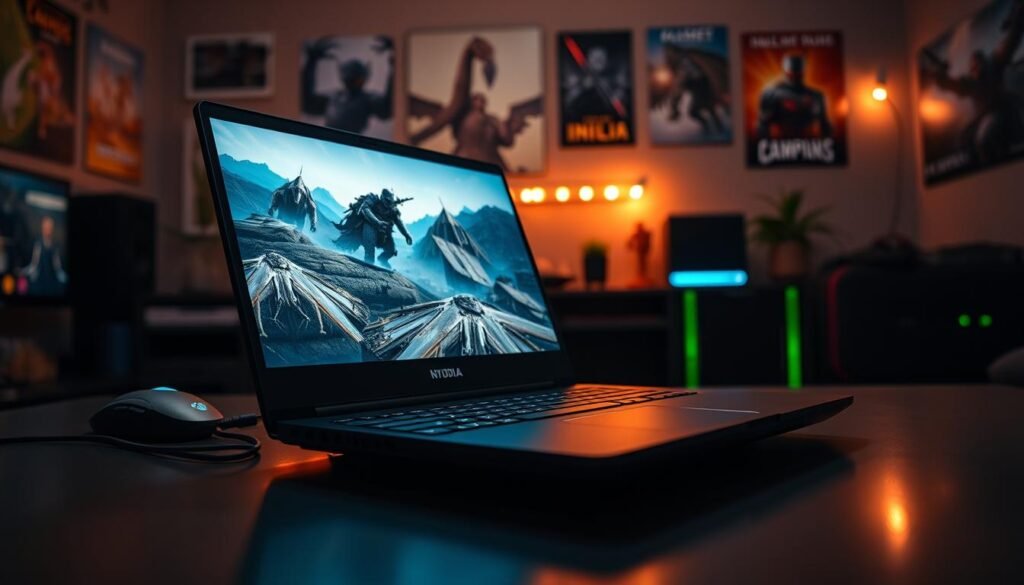 A sleek, modern gaming laptop showcasing the RTX 4050 graphics card prominently displayed open on a stylish desk. In the foreground, the illuminated laptop screen reveals vibrant, high-resolution graphics from a AAA game running at ultra settings, boasting a smooth 60FPS. The middle ground features subtle gaming accessories like a high-quality mouse and mechanical keyboard, enhancing the gaming aesthetic. In the background, a dimly lit, cozy gaming room adds to the atmosphere with ambient LED lighting and posters of popular games. The scene is captured with a soft focus and warm lighting, creating an inviting yet exhilarating mood, perfect for illustrating the advanced gaming performance of the RTX 4050. The angle includes a slight low perspective to emphasize the laptop’s impressive design and graphics clarity. A sleek, modern gaming laptop showcasing the RTX 4050 graphics card prominently displayed open on a stylish desk. In the foreground, the illuminated laptop screen reveals vibrant, high-resolution graphics from a AAA game running at ultra settings, boasting a smooth 60FPS. The middle ground features subtle gaming accessories like a high-quality mouse and mechanical keyboard, enhancing the gaming aesthetic. In the background, a dimly lit, cozy gaming room adds to the atmosphere with ambient LED lighting and posters of popular games. The scene is captured with a soft focus and warm lighting, creating an inviting yet exhilarating mood, perfect for illustrating the advanced gaming performance of the RTX 4050. The angle includes a slight low perspective to emphasize the laptop’s impressive design and graphics clarity.