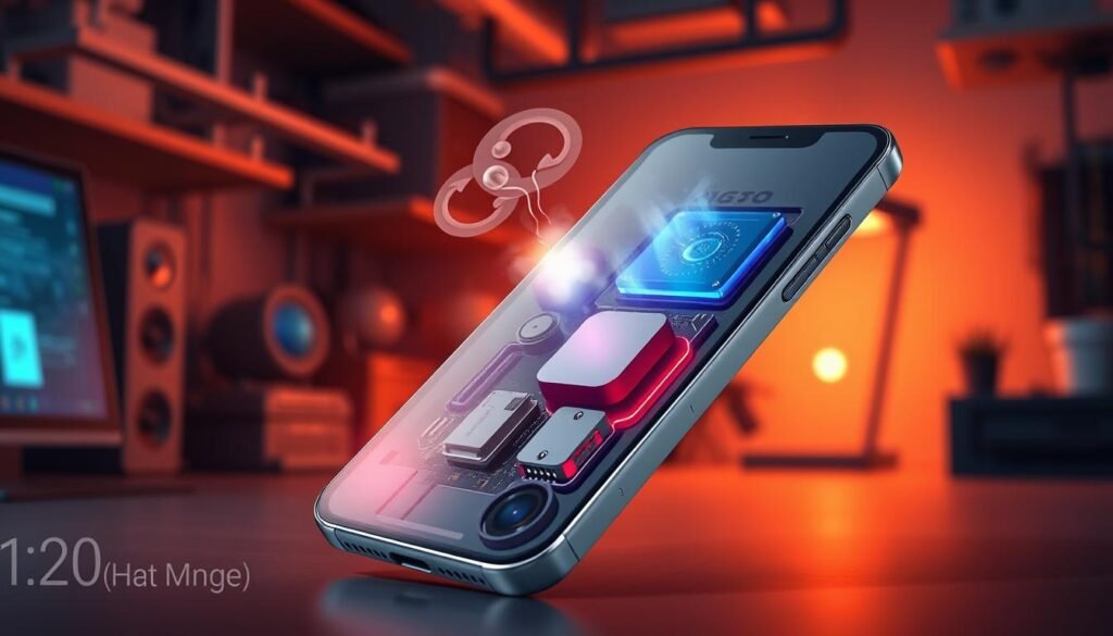 A sleek, modern iPhone Pro is prominently displayed in the foreground, showcasing its intricate internal components, including the advanced thermal management system. The device is shown in a partially transparent view, revealing the cooling mechanisms and heat dissipation features, with vivid colors highlighting the contrast between the silver body and the bright thermal materials. In the middle ground, subtle hints of overheating effects—such as a soft glow or steam—emanate from the phone, indicating the thermal challenges it faces. The background features a tech-inspired workspace, softly lit, with focused lighting on the device to emphasize its design and functionality. The atmosphere is tense but professional, underlining the significance of thermal management in consumer devices.