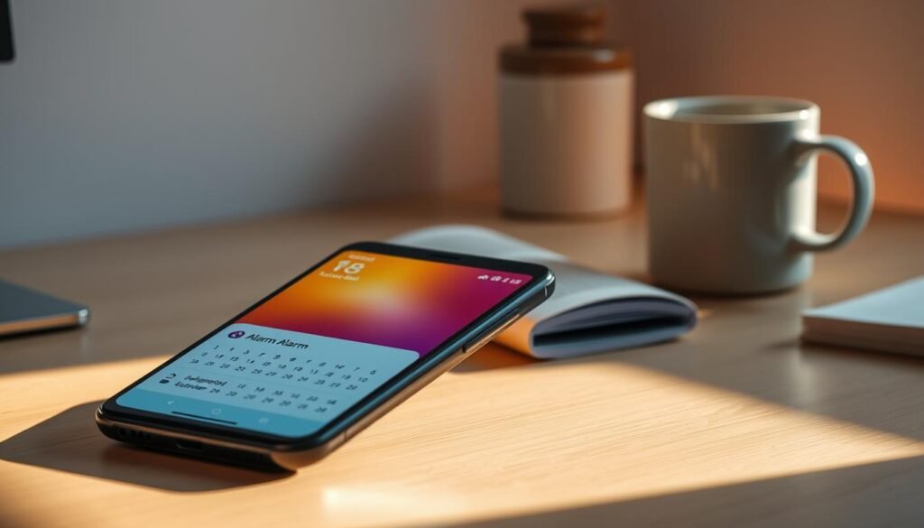 A sleek modern smartphone displaying an Android alarm application interface on its screen, set against a minimalist desk background. The phone’s screen shows a colorful alarm setting menu, highlighting options like snooze and repeat features. In the foreground, the smartphone is angled slightly to reveal a calendar app open beside it, suggesting organization and planning. The lighting is warm and inviting, casting soft shadows to create a cozy atmosphere, enhancing the feeling of a productive morning. In the background, a subtle hint of a coffee mug and a notebook can be seen, evoking a sense of readiness for the day ahead. Focused and clear visuals, shot with a shallow depth of field to emphasize the phone's display.