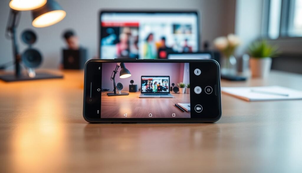 A sleek modern smartphone featuring an impressive 1-inch camera sensor, placed prominently in the foreground to emphasize its design and craftsmanship. The smartphone's screen displays vibrant images taken with the camera, showcasing stunning detail that rivals DSLR quality. In the middle ground, a subtle backdrop of a professional workspace with soft-focus elements like a laptop and digital equipment creates a tech-savvy atmosphere. The lighting is bright and inviting, capturing reflections on the phone's surface. Use an isometric angle to highlight the phone from a slightly elevated perspective, enhancing its sleek form. The overall mood is inspiring and aspirational, appealing to tech enthusiasts seeking value for money in cutting-edge camera technology.