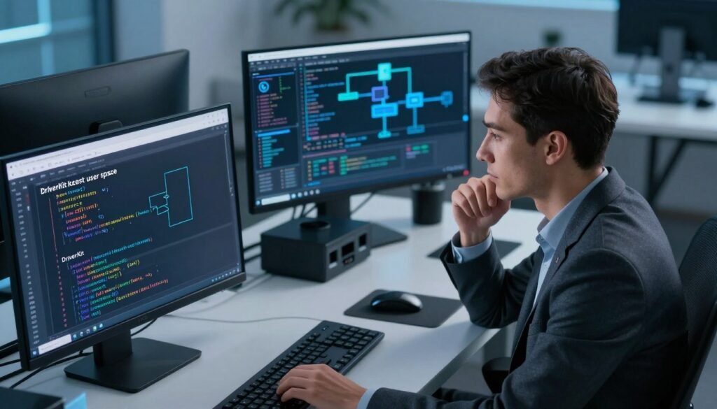 A sleek, modern workspace depicting an advanced computer setup focused on driver development, emphasizing the transition from Kernel Extension (Kext) to DriverKit. In the foreground, a computer screen displays intricate code and diagrams related to "DriverKit kext user space." The middle features a programmer in professional business attire, intently analyzing code with a thoughtful expression. The background includes an array of high-tech equipment, such as an ergonomic keyboard and dual monitors showcasing graphical representations of kernel architecture, all illuminated by soft, cool blue lighting, creating a professional and innovative atmosphere. The overall mood is one of intense concentration and technological advancement, captured from a slightly elevated angle to showcase the setup.