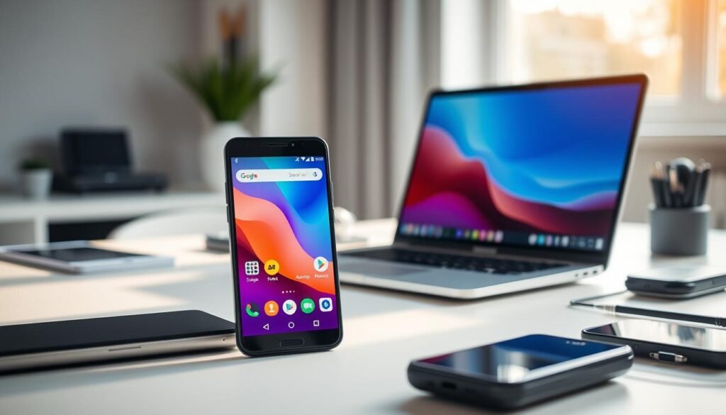 A smart and modern workspace showcasing the concept of "screen mirroring" between an Android device and a PC. In the foreground, an Android smartphone displays a vibrant interface, with colorful app icons indicative of a screen mirroring application. Slightly in the background, a sleek laptop screen reflects the same content, emphasizing seamless connectivity. The setting is a well-lit office environment with soft natural light filtering through a window, creating a warm and inviting atmosphere. Various tech accessories are subtly placed around the desk to enhance the professional look. The image should portray an innovative and efficient mood, captured with a slight depth of field to focus attention on the devices, while maintaining a clean, minimalist aesthetic. A smart and modern workspace showcasing the concept of "screen mirroring" between an Android device and a PC. In the foreground, an Android smartphone displays a vibrant interface, with colorful app icons indicative of a screen mirroring application. Slightly in the background, a sleek laptop screen reflects the same content, emphasizing seamless connectivity. The setting is a well-lit office environment with soft natural light filtering through a window, creating a warm and inviting atmosphere. Various tech accessories are subtly placed around the desk to enhance the professional look. The image should portray an innovative and efficient mood, captured with a slight depth of field to focus attention on the devices, while maintaining a clean, minimalist aesthetic.