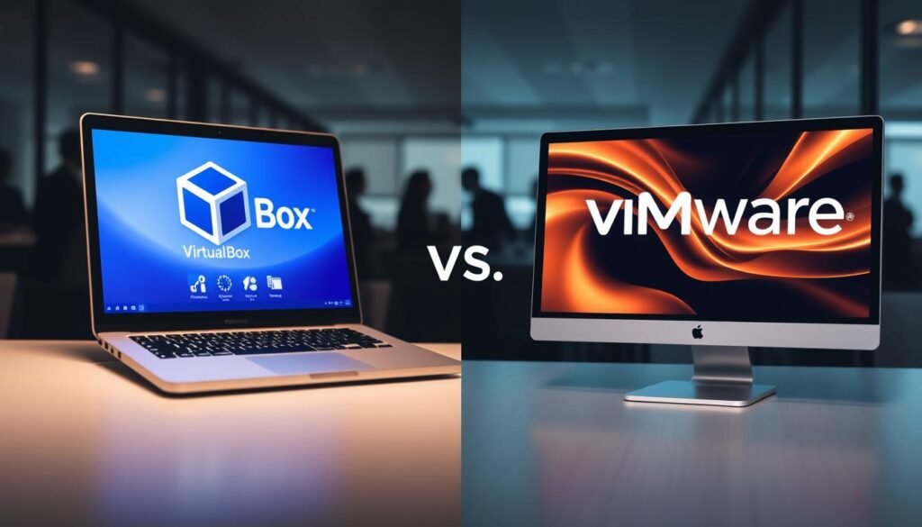 A split-screen image comparing VirtualBox and VMware in the context of virtualization. On the left, a visually appealing representation of VirtualBox: a sleek, user-friendly interface displayed on a laptop screen, with vibrant blue tones and icons symbolizing its free nature. On the right, a sophisticated depiction of VMware: showcasing advanced features and professional-grade graphics on a powerful desktop monitor, with warm orange and black tones suggesting performance and reliability. In the background, blurred silhouettes of a busy office environment, emphasizing productivity and technology. Soft, even lighting illuminates both screens, highlighting their respective strengths. The overall atmosphere is informative and professional, inviting viewers to consider their options in virtualization software.