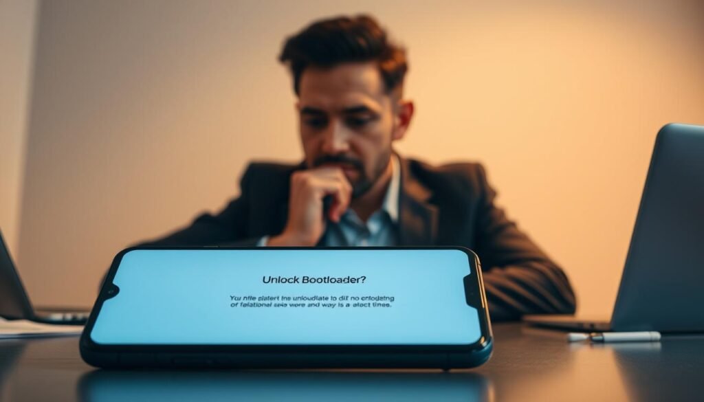 A thoughtful person sitting at a modern desk, focused on a smartphone with an unlock bootloader screen displayed. The foreground features the smartphone prominently, with clear visibility of the screen's technical interface. In the middle, the individual is dressed in smart casual attire, their expression revealing contemplation and caution. The lighting is warm and inviting, with soft shadows that enhance the seriousness of the moment. In the background, a blurred laptop and technical manuals can be seen, providing context to the setting. The atmosphere is one of reflection and decision-making, capturing the essence of weighing pros and cons before unlocking a bootloader.