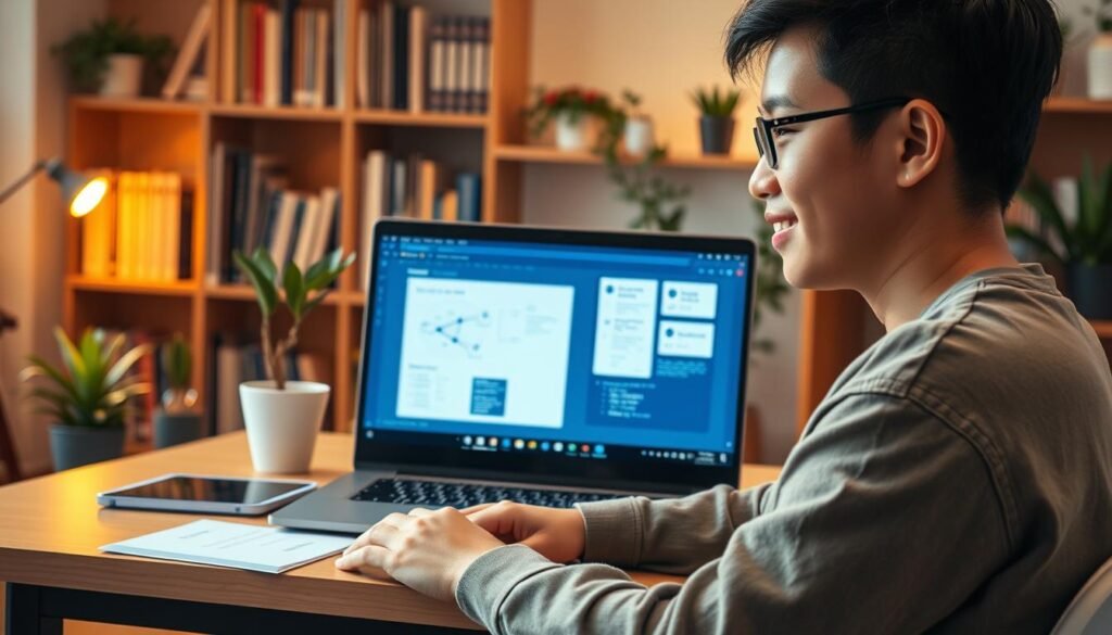 A university student in Indonesia interacts with a sophisticated AI platform on their laptop, showcasing the experience of using Google Gemini for academic tasks. In the foreground, the student, dressed in modest casual clothing, appears focused and engaged, with a soft smile while looking at the screen. In the middle, a sleek laptop displays a vibrant AI interface with diagrams and notes, symbolizing productivity. In the background, a cozy study environment is visible, featuring bookshelves filled with textbooks, potted plants, and warm ambient lighting that creates an inviting atmosphere. The composition captures a sense of innovation and enthusiasm, embodying the blend of technology and education in a modern academic setting, shot with a slight angle to emphasize the connection between the student and the AI.